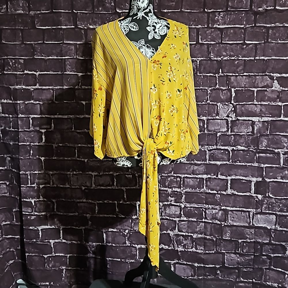 Polly & Esther Yellow Cottage Core Floral Bohemian Tie Front Clearance